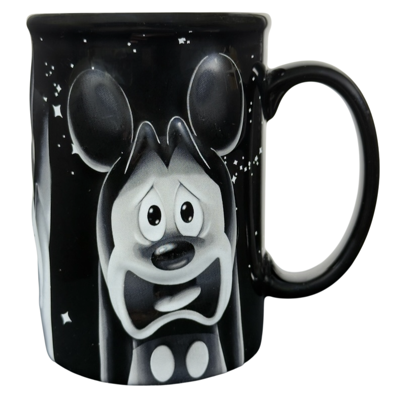 Twilight Zone Tower of Terror Disney collectible mug black ceramic with grayscale frightened Mickey Mouse and star accents