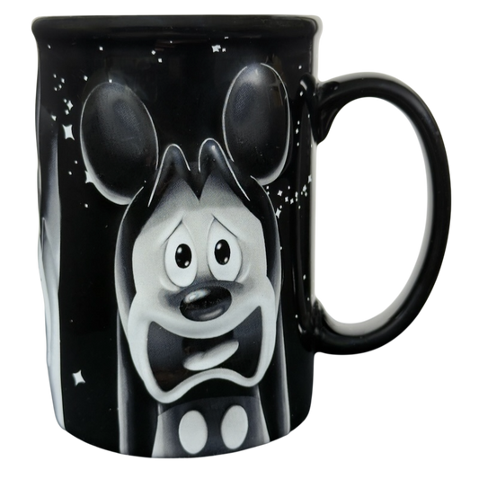 Twilight Zone Tower of Terror Disney collectible mug black ceramic with grayscale frightened Mickey Mouse and star accents