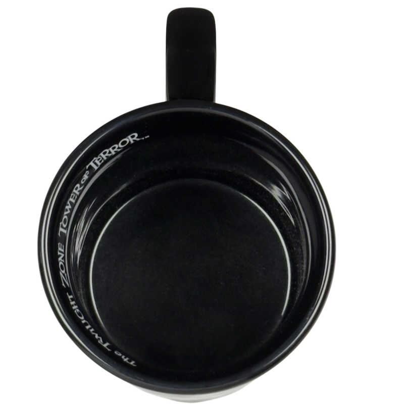 Top view of black mug interior with handle and logo inside rim Twilight Zone Tower of Terror Disney collectible mug