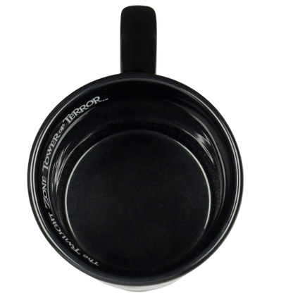 Top view of black mug interior with handle and logo inside rim Twilight Zone Tower of Terror Disney collectible mug