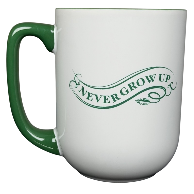 Peter Pan Never Grow Up Disney mug with a green handle and whimsical lettering