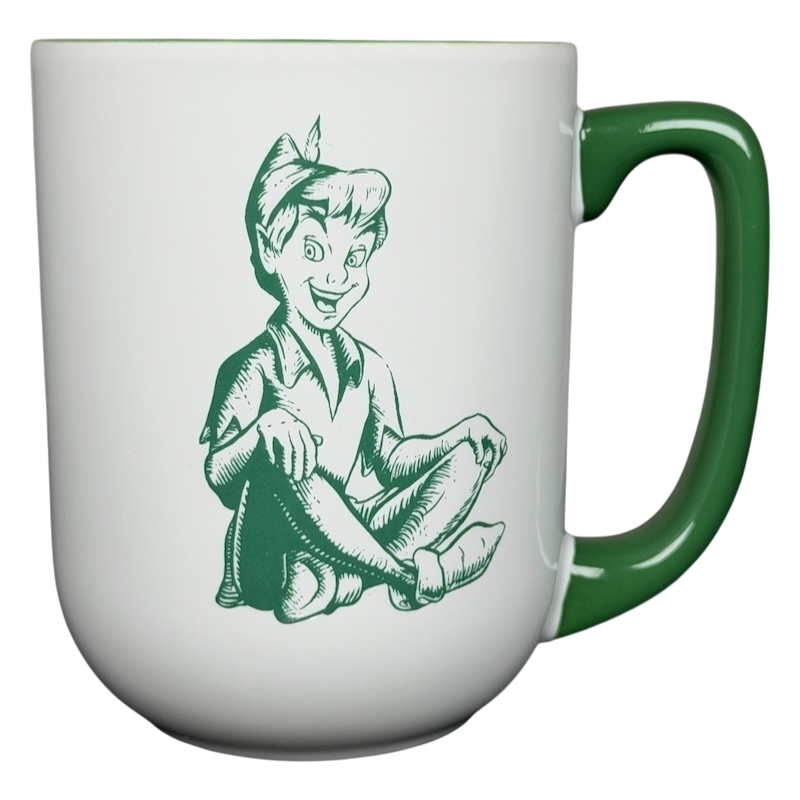 Peter Pan Never Grow Up Disney mug featuring a playful Peter Pan illustration on a white background