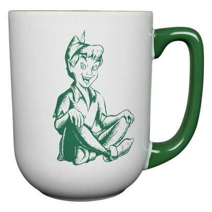 Peter Pan Never Grow Up Disney mug featuring a playful Peter Pan illustration on a white background