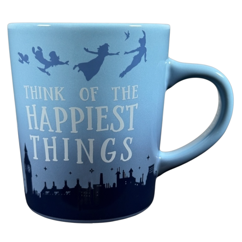 Disney Peter Pan Think of the Happiest Things mug. Light blue ceramic mug with flying silhouettes and London skyline