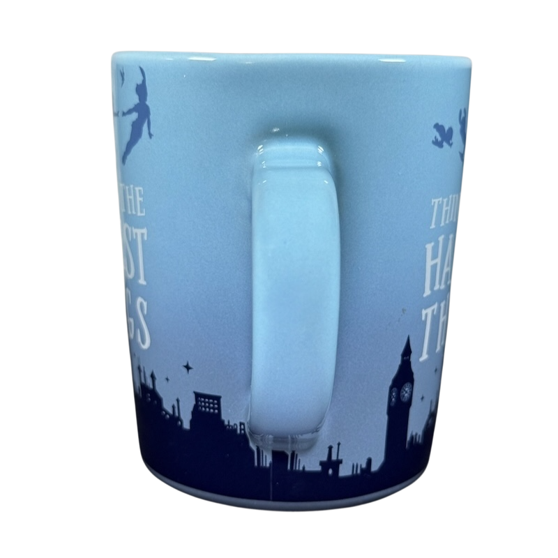 Disney Peter Pan Think of the Happiest Things mug light blue ceramic with flying Peter Pan and London skyline