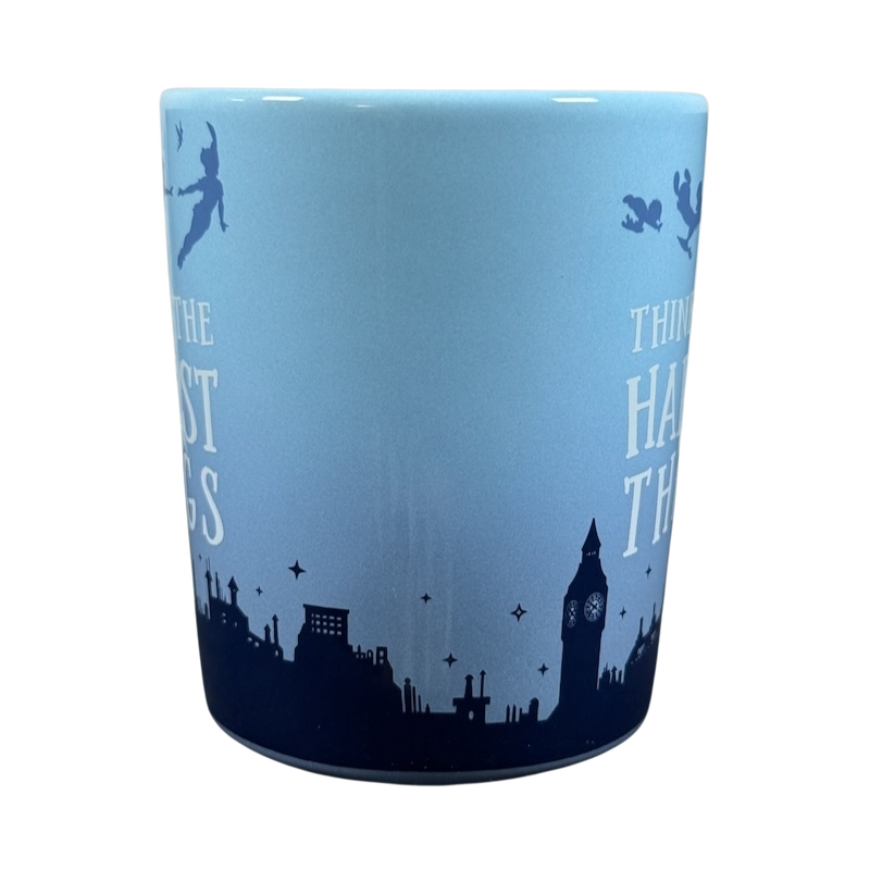 Disney Peter Pan Think of the Happiest Things mug light blue London skyline Big Ben and flying Peter Pan silhouettes