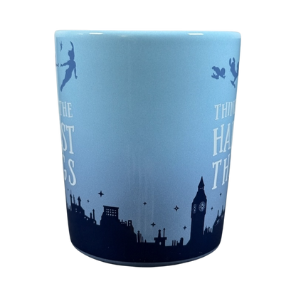 Disney Peter Pan Think of the Happiest Things mug light blue London skyline Big Ben and flying Peter Pan silhouettes