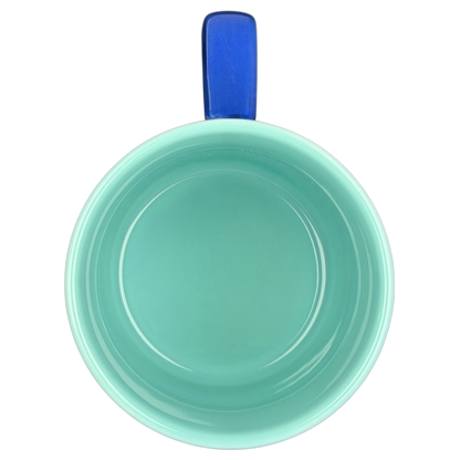 Top view of Finding Nemo Seagulls Mug Disney Pixar in turquoise with a blue handle