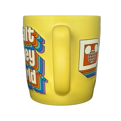 Disney retro collectible rainbow logo mug featuring vibrant colors and iconic designs