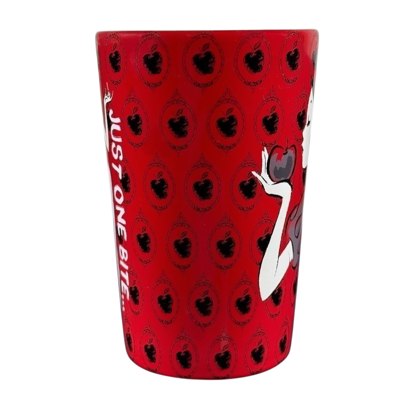 Disney Snow White just one bite vintage mug with red background and Snow White holding a poisoned apple