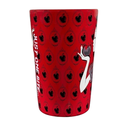 Disney Snow White just one bite vintage mug with red background and Snow White holding a poisoned apple