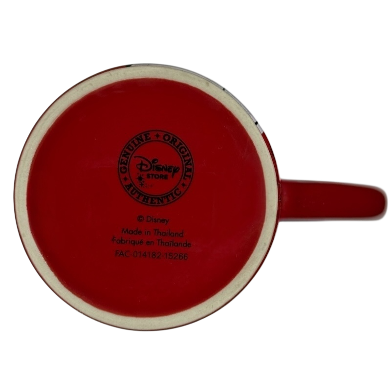 Bottom view of Disney Snow White just one bite vintage mug showing red base with authentic stamp
