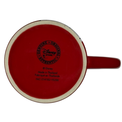 Bottom view of Disney Snow White just one bite vintage mug showing red base with authentic stamp