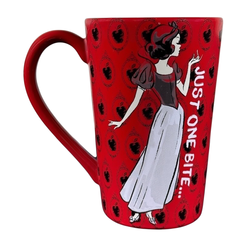 Disney Snow White just one bite vintage mug with red background and classic Snow White illustration