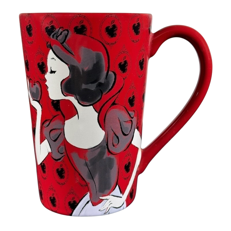 Disney Snow White just one bite vintage mug featuring Snow White holding an apple on red background