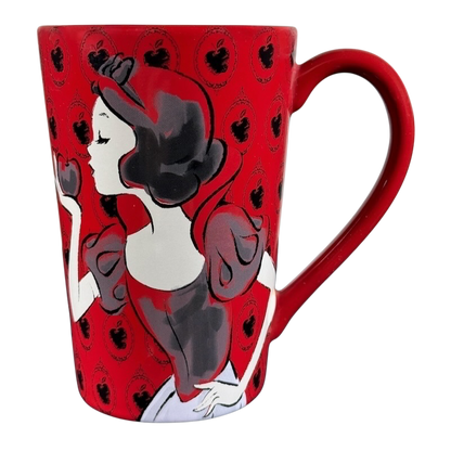 Disney Snow White just one bite vintage mug featuring Snow White holding an apple on red background