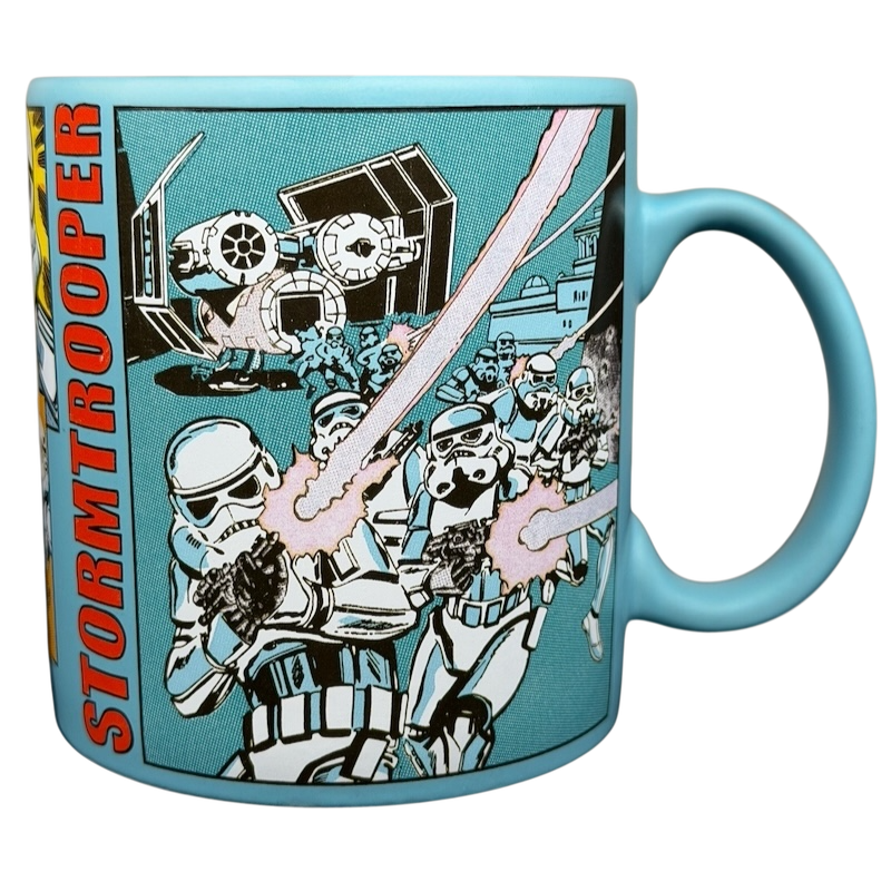 Star Wars Stormtrooper Comic Book Mug Disney featuring colorful comic art of Stormtroopers in action