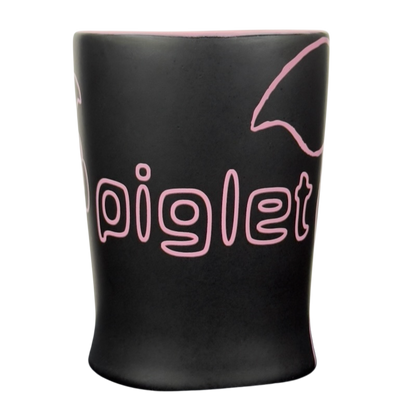 Disney collectible mug pink outline Piglet black matte ceramic mug with pink Piglet text and outline design