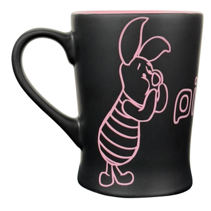 Disney collectible mug pink outline Piglet. Black matte ceramic mug with pink rim and outlined Piglet sketch