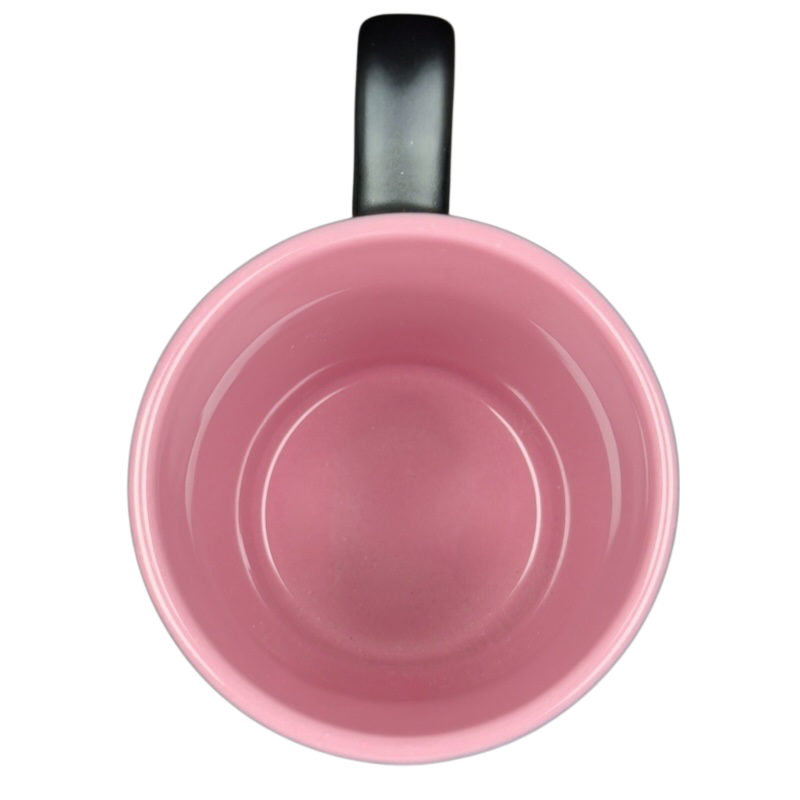Top view of Disney collectible mug pink outline Piglet showing pink interior and black handle