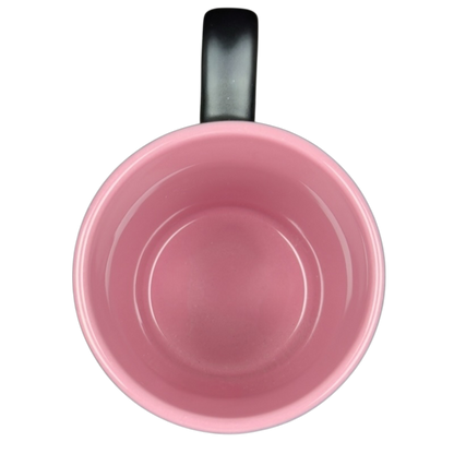 Top view of Disney collectible mug pink outline Piglet showing pink interior and black handle