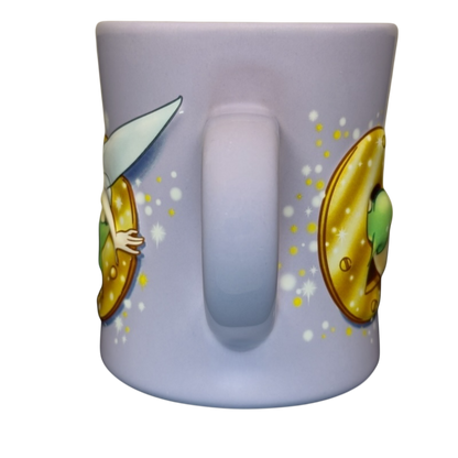 Disney Tinker Bell stuck in keyhole vintage mug lavender ceramic mug with Tinker Bell art around handle
