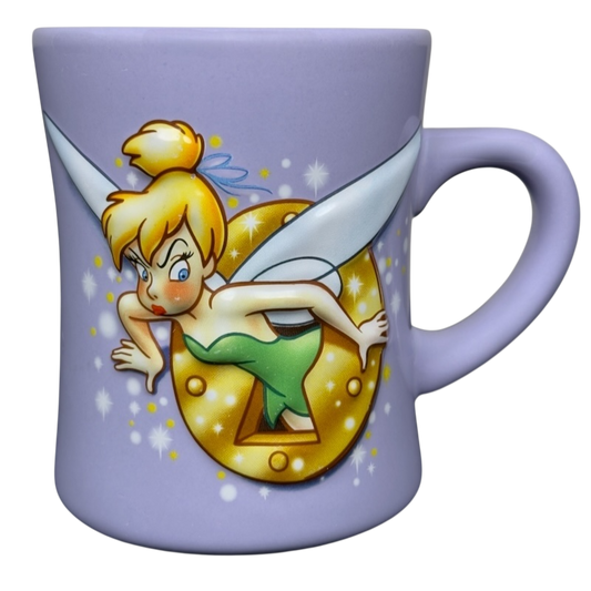 Lavender ceramic mug featuring Disney Tinker Bell stuck in keyhole vintage mug illustration and handle