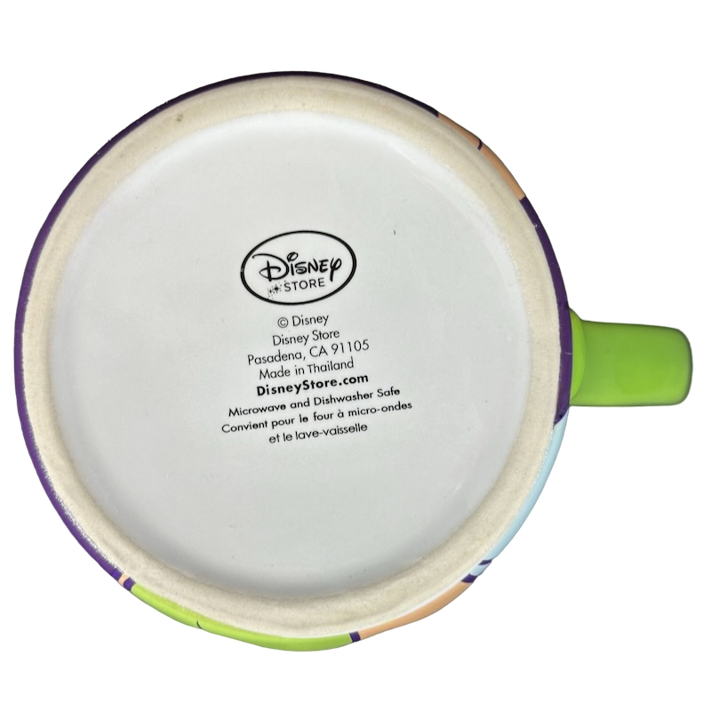Bottom view of Disney Tinker Bell vintage mug showing Disney Store logo dishwasher safe and green handle