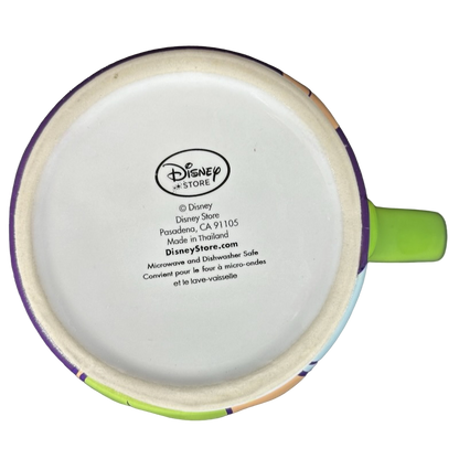 Bottom view of Disney Tinker Bell vintage mug showing Disney Store logo dishwasher safe and green handle