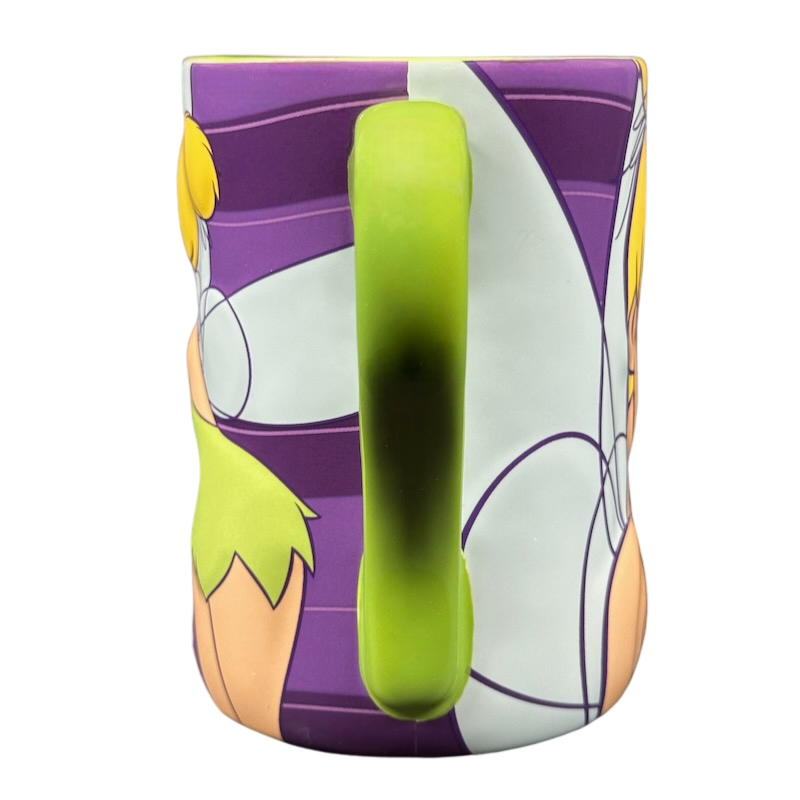Disney Tinker Bell vintage mug close up back view with green handle and purple character wrap design