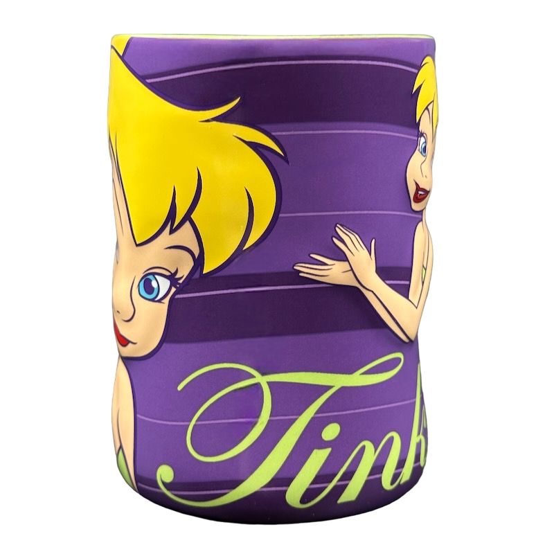 Disney Tinker Bell vintage mug purple ceramic featuring Tinker Bell faces and large cursive Tink logo