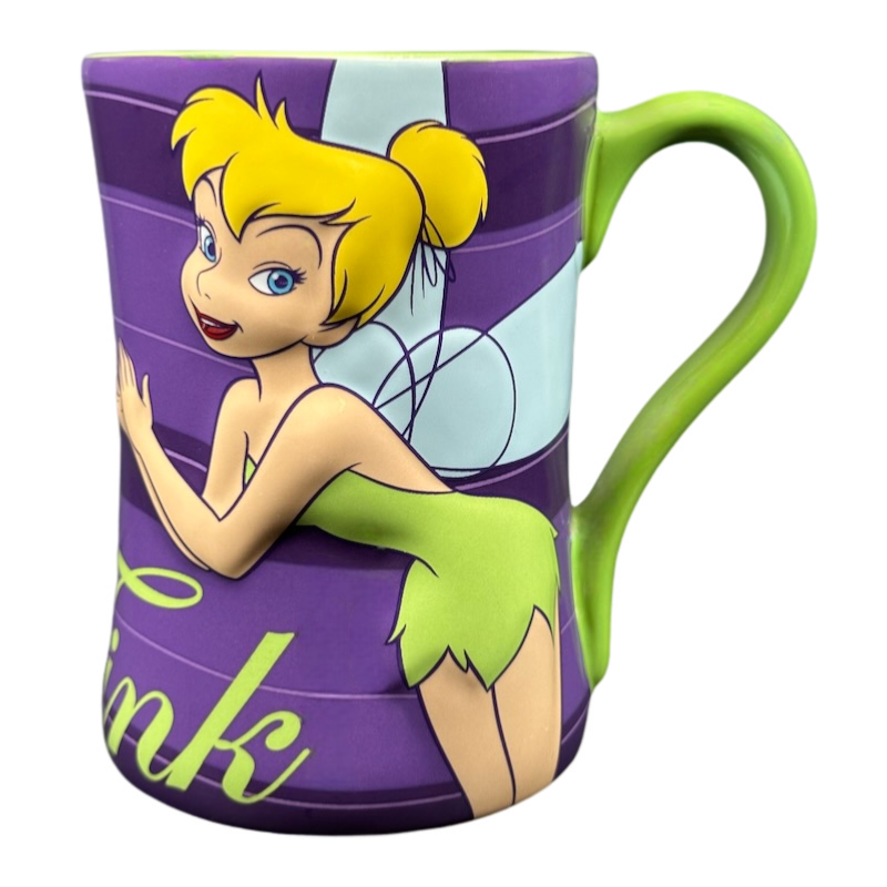 Disney Tinker Bell vintage mug purple background green handle featuring Tinker Bell leaning with wings