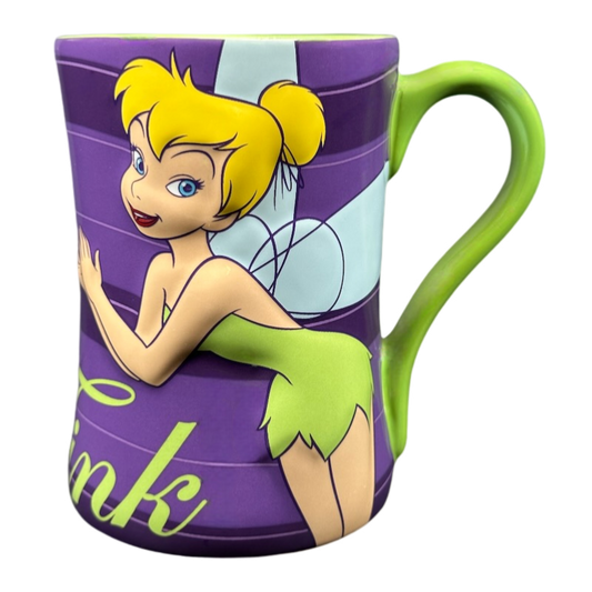 Disney Tinker Bell vintage mug purple background green handle featuring Tinker Bell leaning with wings