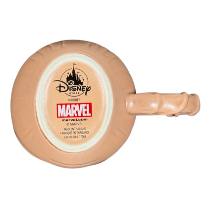 Disney Marvel branded Guardians of the Galaxy Groot mug bottom view showing logos and textured wood handle