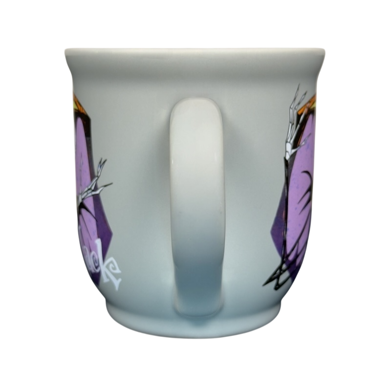 White Disney ceramic mug back view with handle and purple panels showing Nightmare Before Christmas Jack Skellington mug