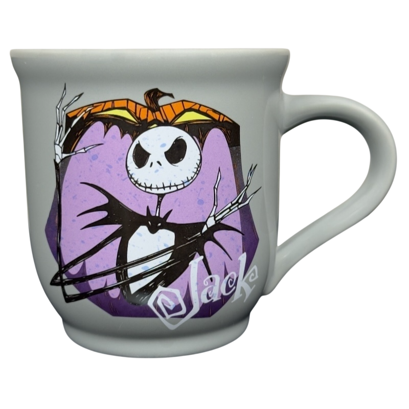 Disney ceramic Nightmare Before Christmas Jack Skellington mug featuring Jack in purple pumpkin design