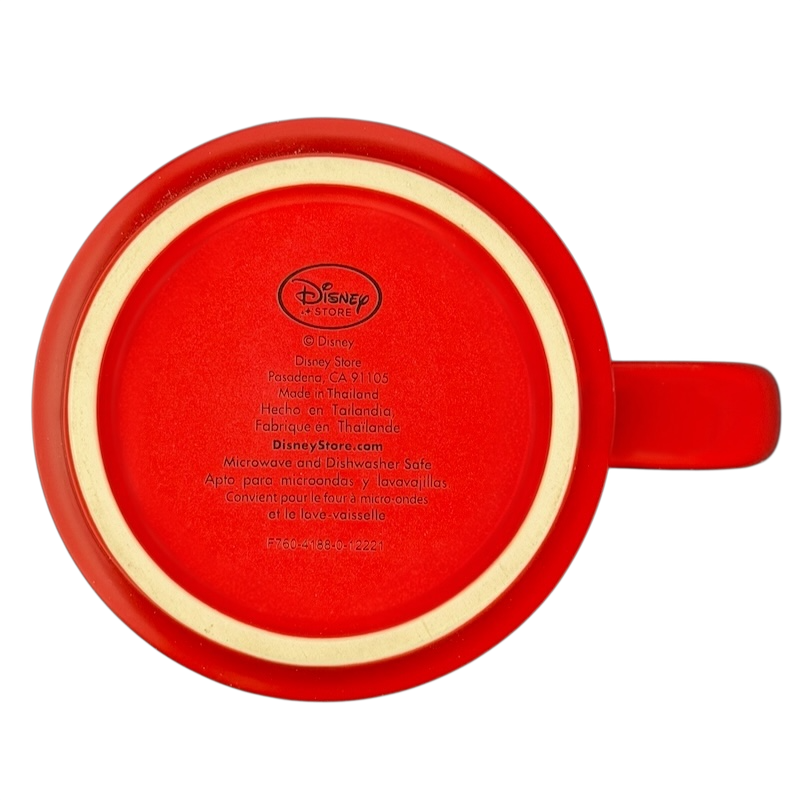 Bottom view of a red ceramic mug featuring Disney branding, labeled microwave and dishwasher safe, Snow White and the Seven Dwarfs Mug Disney Store