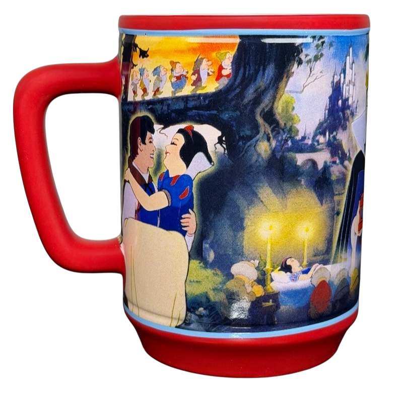 Colorful Snow White and the Seven Dwarfs Mug Disney Store featuring iconic characters and scenes