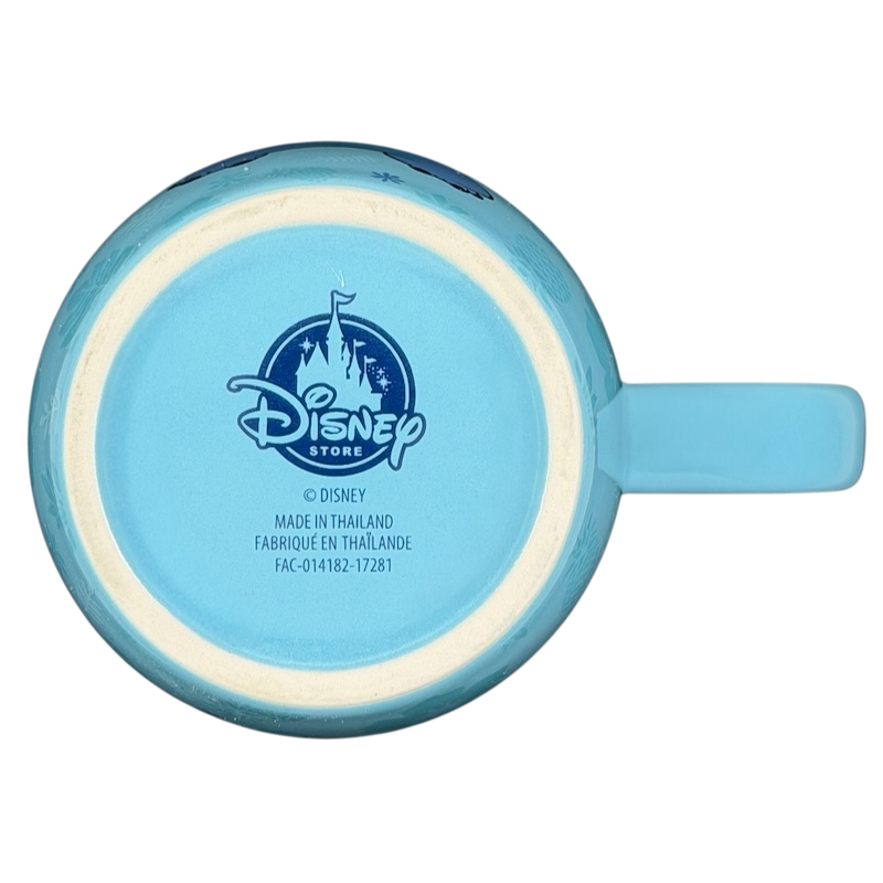 Bottom view of a blue Disney Store Stitch Ukulele Mug Flower with logo and design details