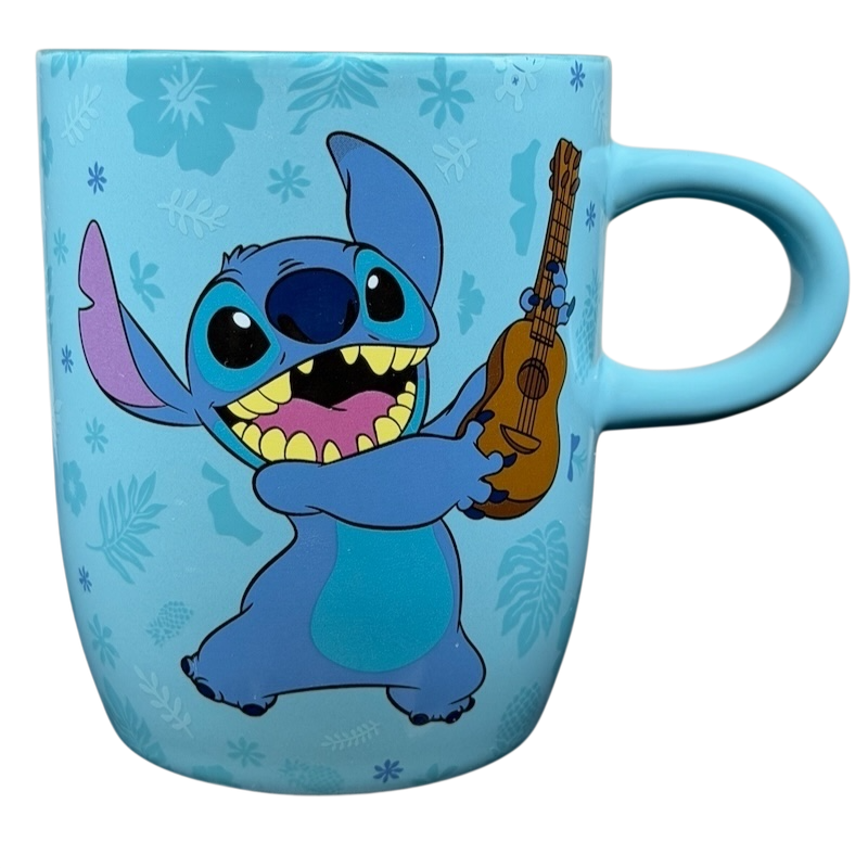 Stitch Ukulele Mug Flower Disney Store featuring Stitch with a ukulele on a blue background