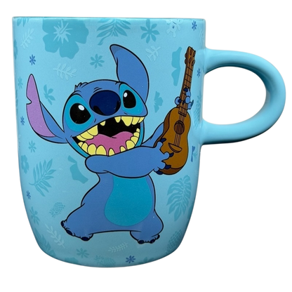 Stitch Ukulele Mug Flower Disney Store featuring Stitch with a ukulele on a blue background