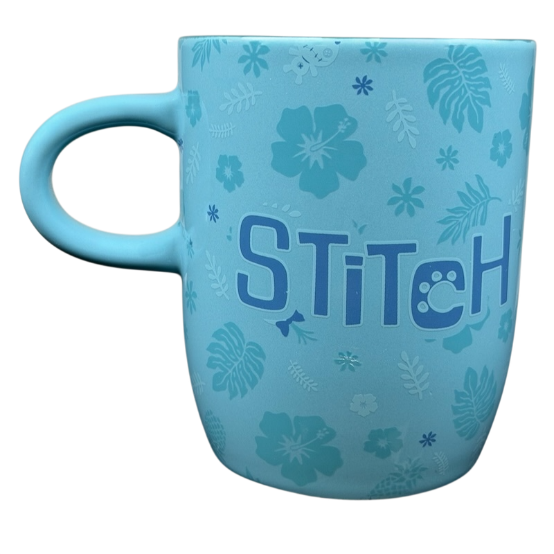 Light blue Stitch Ukulele Mug Flower Disney Store with floral design and whimsical lettering