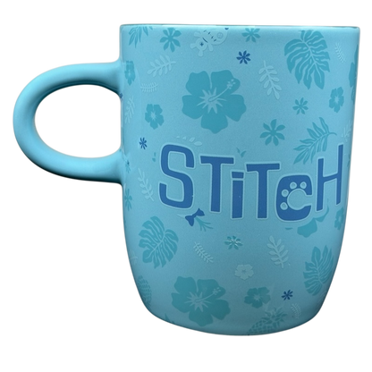 Light blue Stitch Ukulele Mug Flower Disney Store with floral design and whimsical lettering