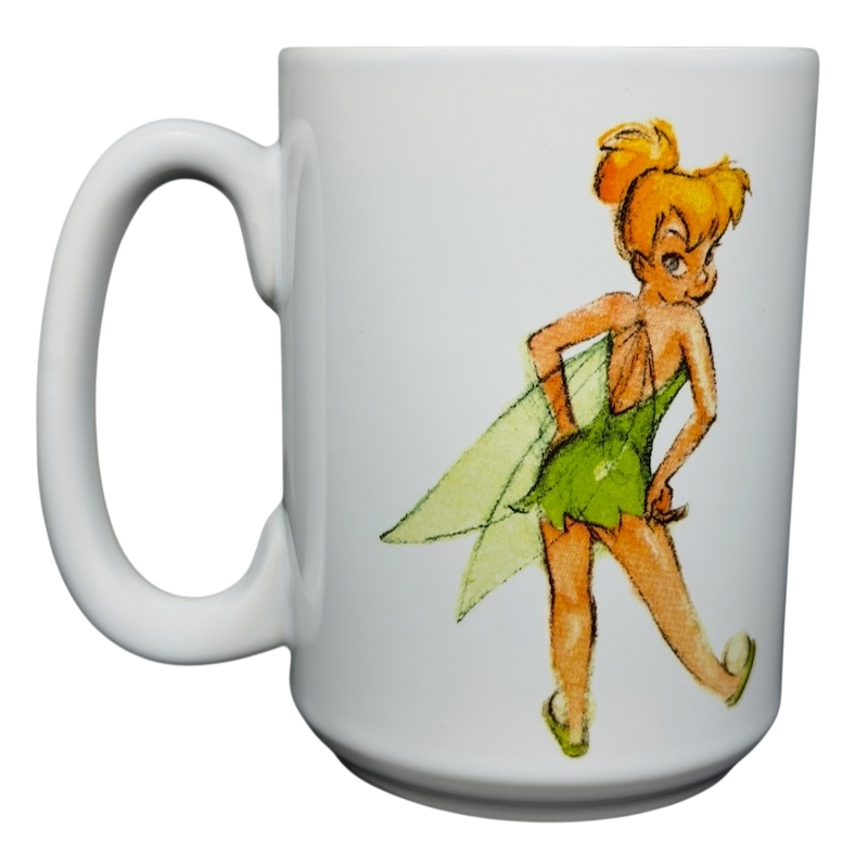 Tinker Bell Tink Sketch Mug Disney Store featuring a whimsical illustration of Tinker Bell