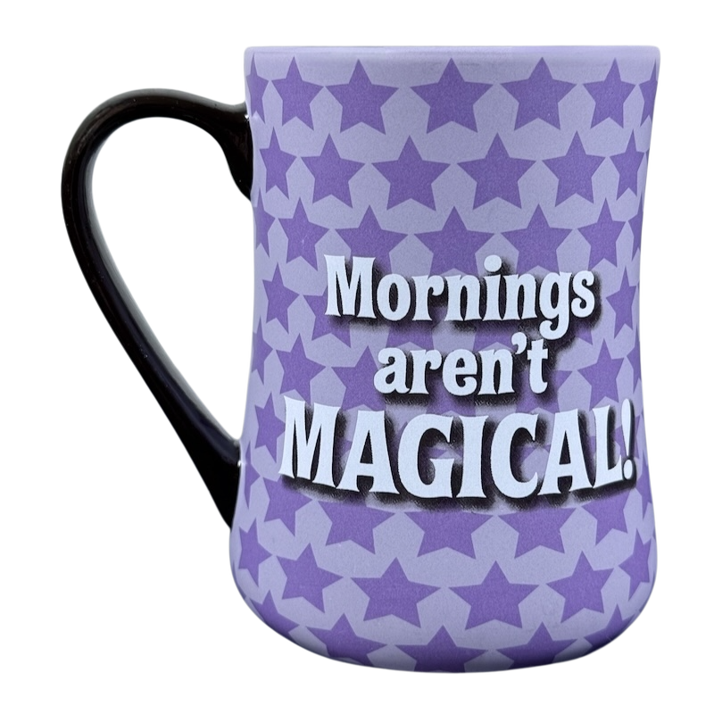 Tinker Bell Mornings Disney vintage mug. Purple ceramic star pattern mug with black handle and bold Mornings are not MAGICAL text