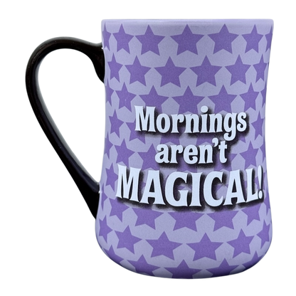 Tinker Bell Mornings Disney vintage mug. Purple ceramic star pattern mug with black handle and bold Mornings are not MAGICAL text
