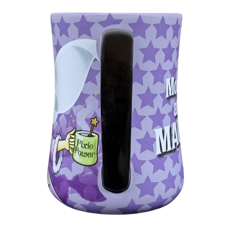 Tinker Bell Mornings Disney vintage mug purple star pattern ceramic with Tinker Bell holding Pixie Power cup and black handle