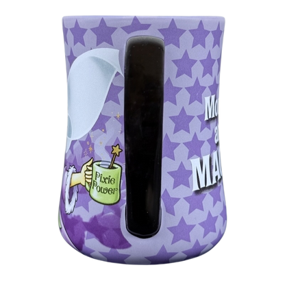 Tinker Bell Mornings Disney vintage mug purple star pattern ceramic with Tinker Bell holding Pixie Power cup and black handle
