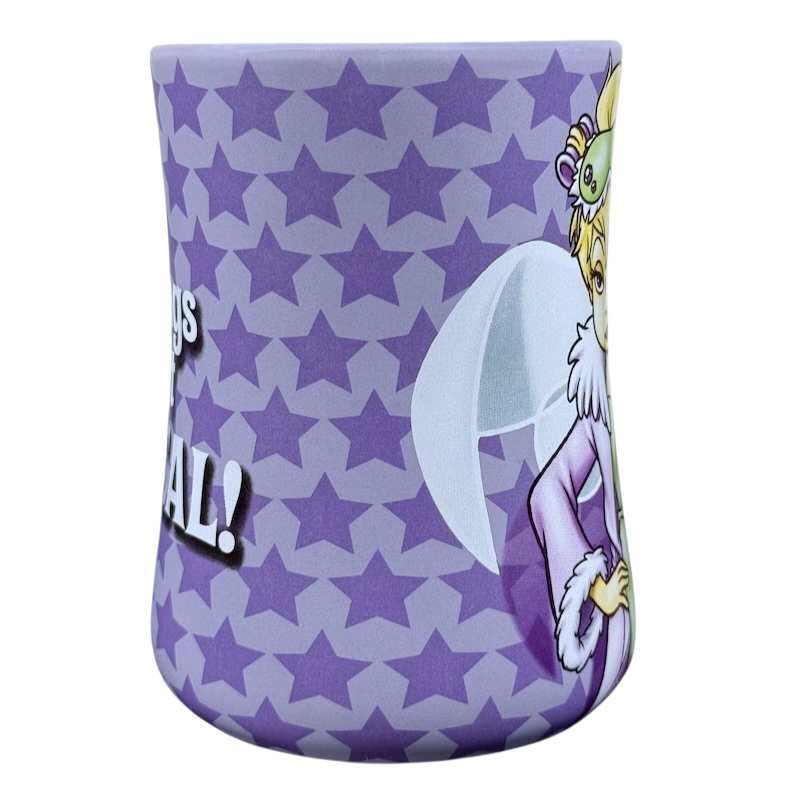 Purple star pattern Tinker Bell Mornings Disney vintage mug featuring Tinker Bell in purple coat with wings