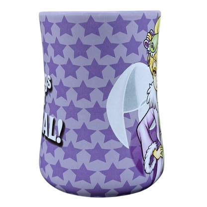 Purple star pattern Tinker Bell Mornings Disney vintage mug featuring Tinker Bell in purple coat with wings